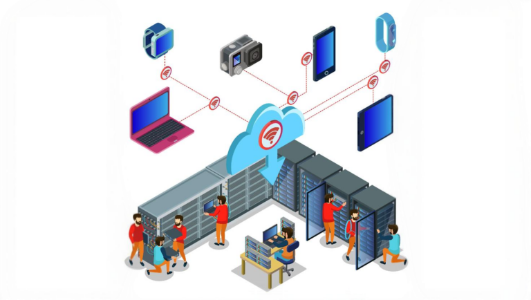 Isometric illustration showing a cloud-based network infrastructure with personalization and connectivity features. At the top, various smart devices—including a smartwatch, action camera, smartphone, tablet, laptop, and smart doorbell—are linked to a central cloud icon with a Wi-Fi signal, indicating wireless data exchange. These red dotted lines emphasize secure connections across the network. Below, several IT professionals work in a data center filled with server racks and control desks. Some individuals are configuring servers, while others monitor system activity on screens, reflecting backend efforts to personalize network settings and manage cloud data operations efficiently.