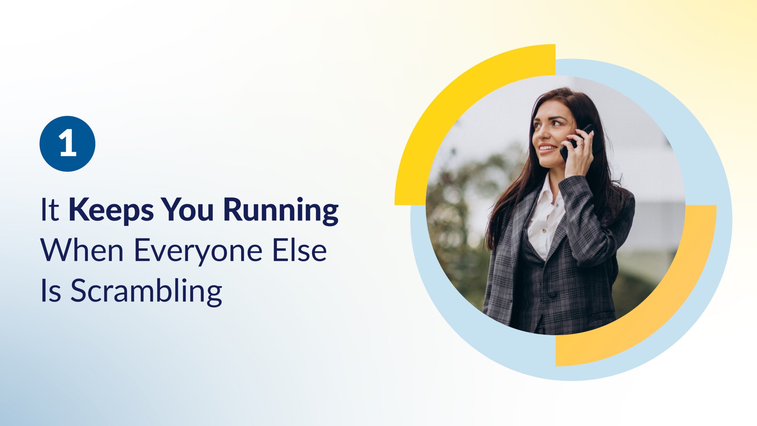 Businesswoman on phone call highlighting how a VoIP phone system supports business needs in a crisis.