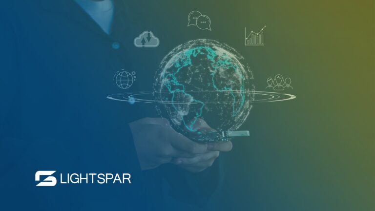 Person holding a smartphone with a glowing digital globe and communication icons, representing global connectivity and data sharing. LightSpar logo in corner.