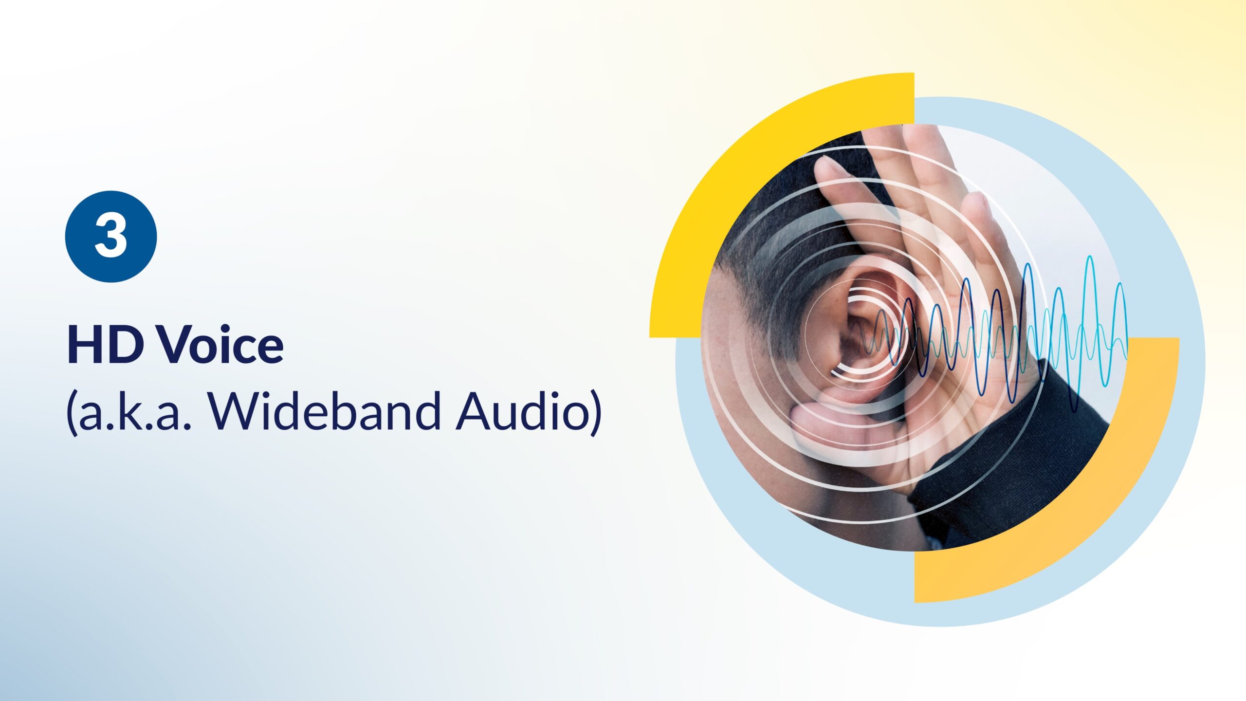 Close-up of a hand cupping an ear, with sound waves visualized, representing HD voice quality and wideband audio clarity.