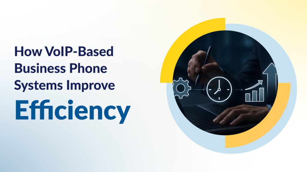 Illustration showing a person writing on a tablet, overlaid with icons of a clock, gear, and upward arrow, surrounded by a circular infographic. The image promotes how business VoIP phone systems can improve operational efficiency.