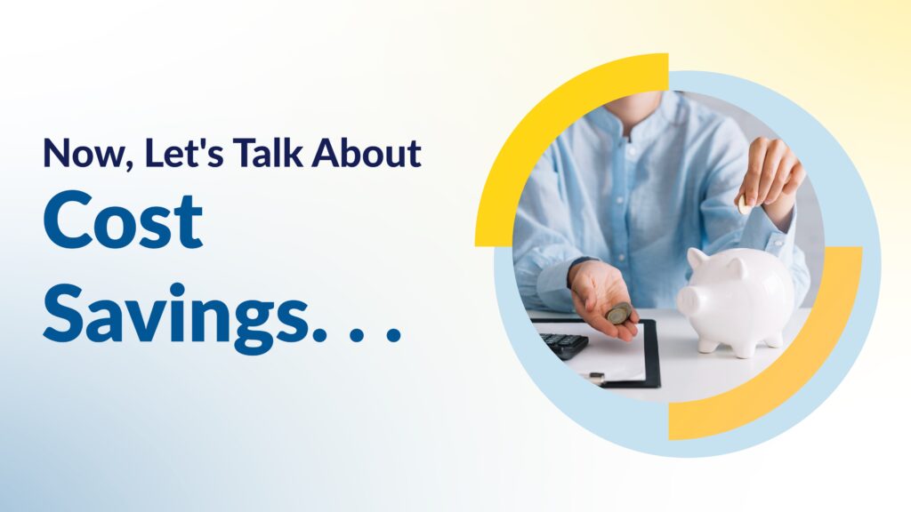 Close-up of a person in a light-blue shirt placing a coin into a white piggy bank. Text reads “Now, Let’s Talk About Cost Savings,” emphasizing how business VoIP contributes to financial efficiency.