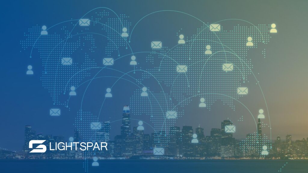 City skyline with digital icons and connection lines illustrating unified communications enabling global messaging, collaboration, and business connectivity.