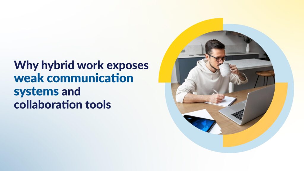 Remote worker using a laptop and notebook at home, representing unified communications tools supporting hybrid work and seamless team collaboration.