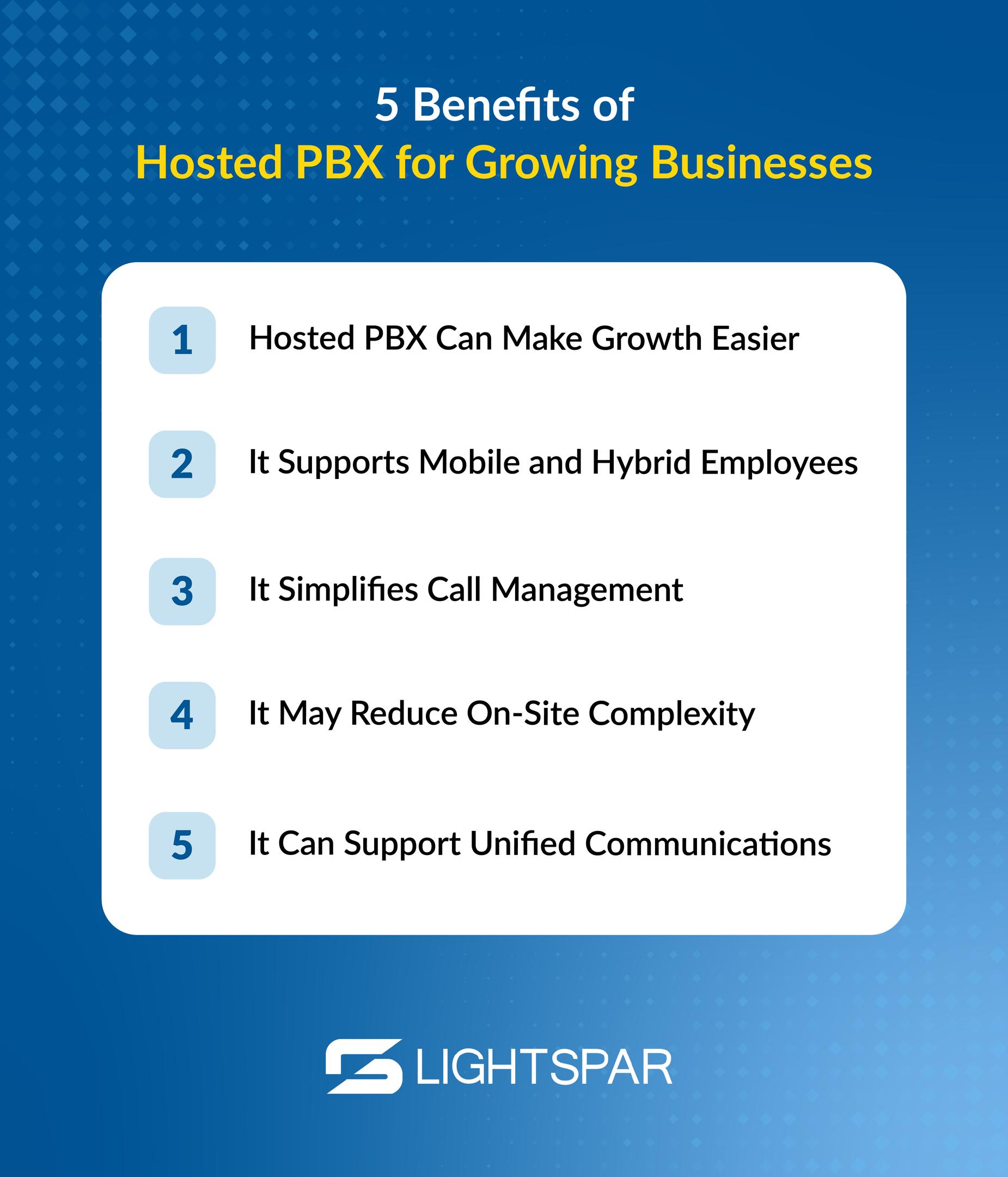 Infographic sharing 5 benefits many hosted PBX providers can offer a growing business.